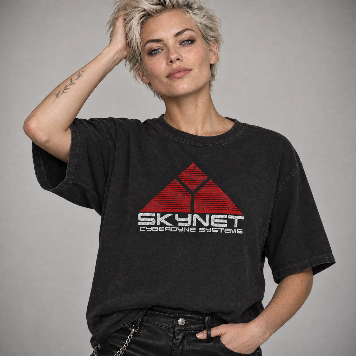 Machine uprising rogue AI retro sci-fi tee on a model, black