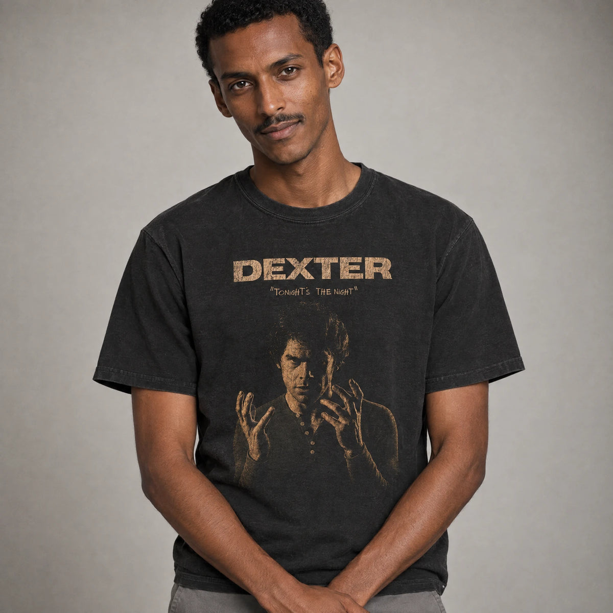 Night ritual crime thriller vigilante tee on a model, black