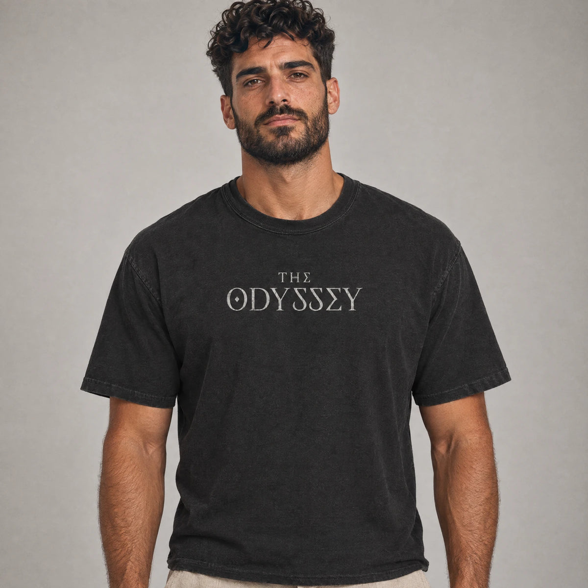 Odyssey Greek warrior tee front on a model, black