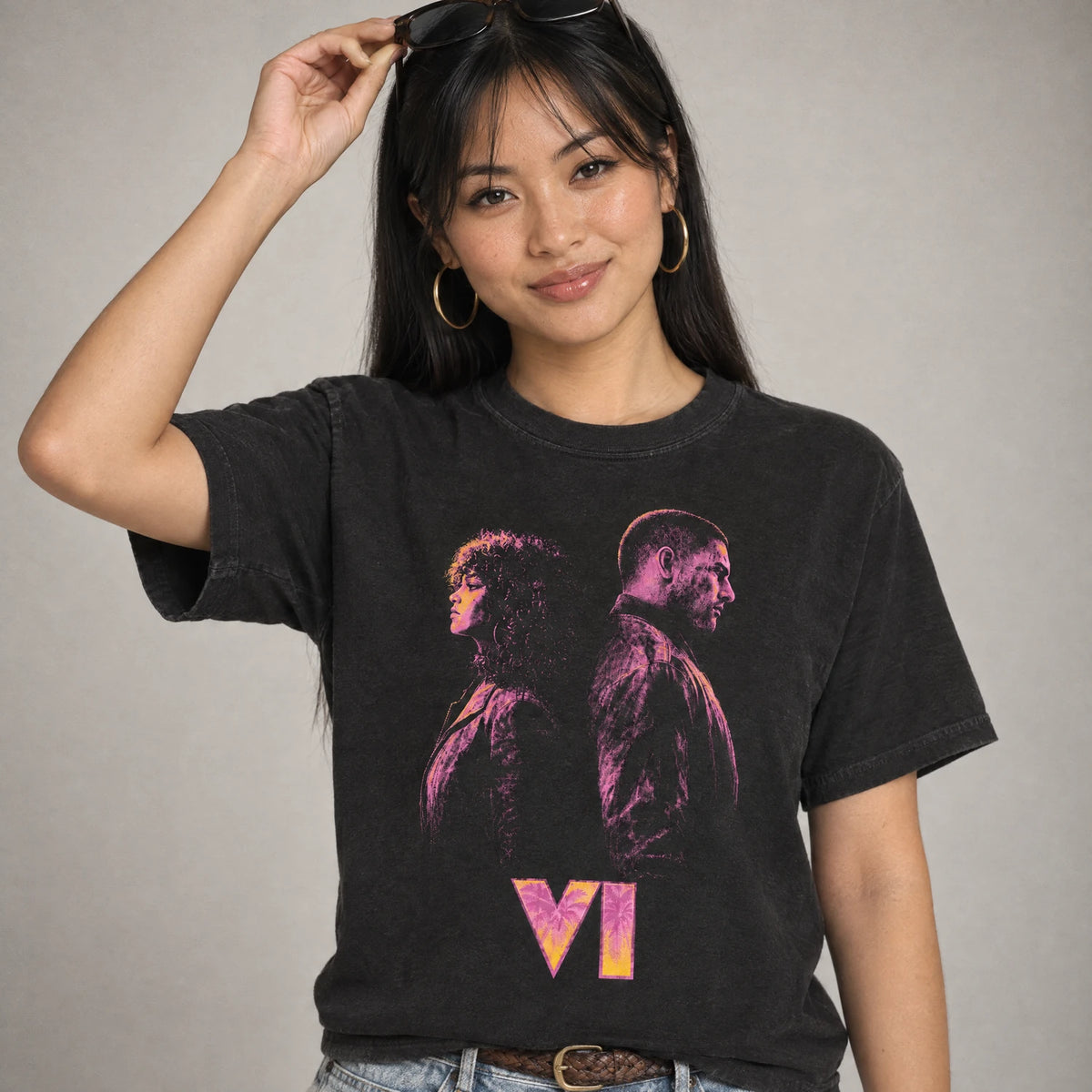 Outlaw duo open-world crime game tee on a model, black