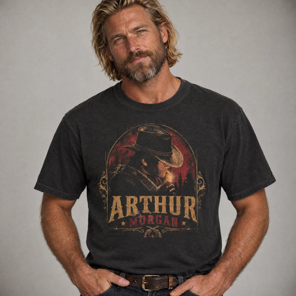 Outlaw gunslinger Wild West cowboy tee on a model, black