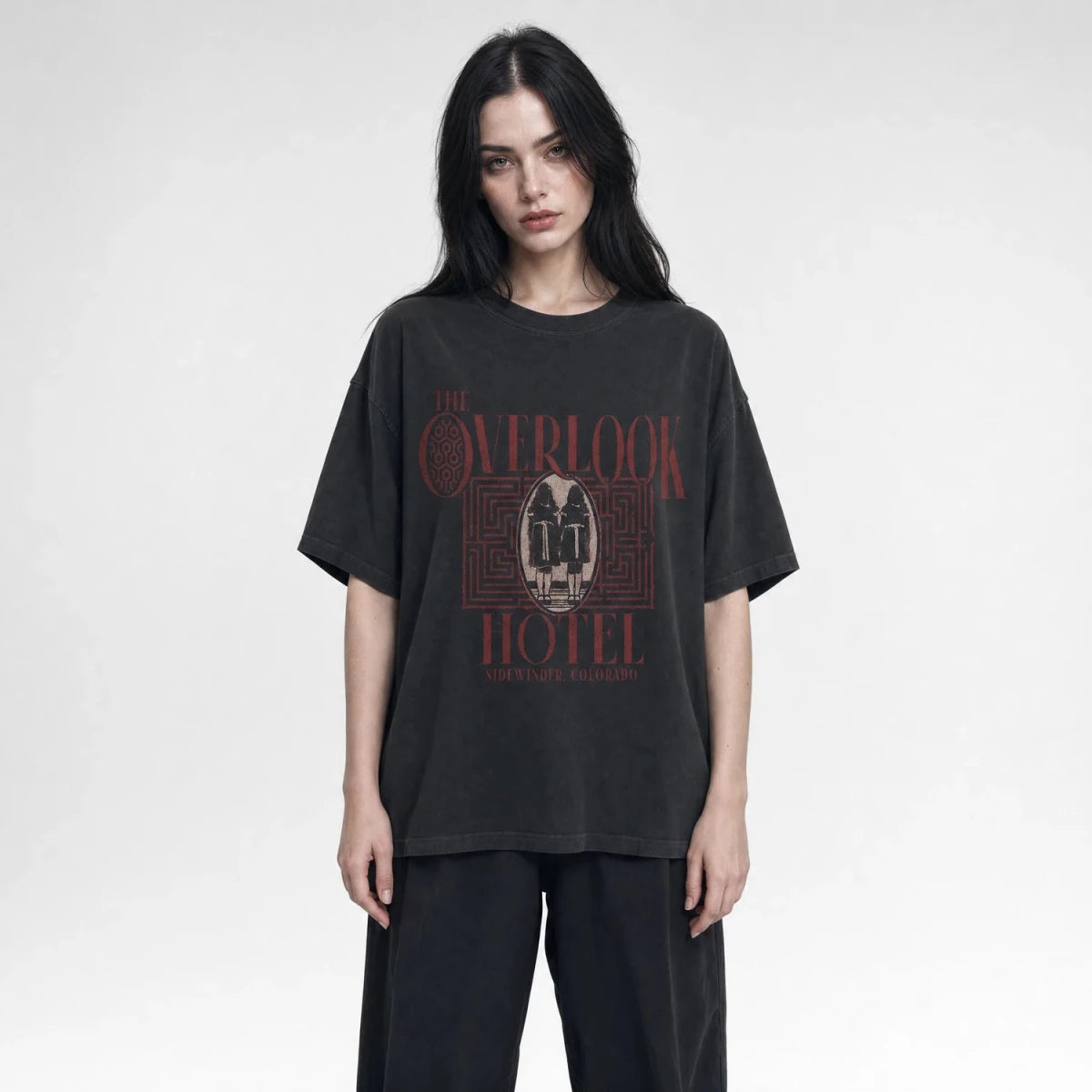 Model wearing Haunted Hotel Tee – Creepy Twins Shirt - Cruel Royalty