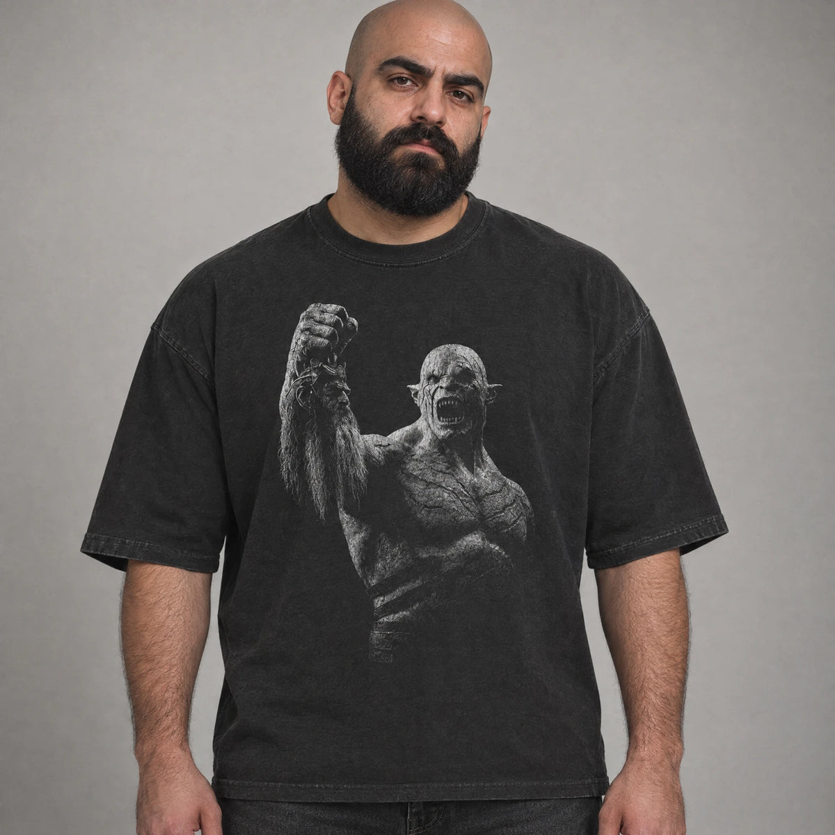 Pale orc dark fantasy warlord tee on a model, black