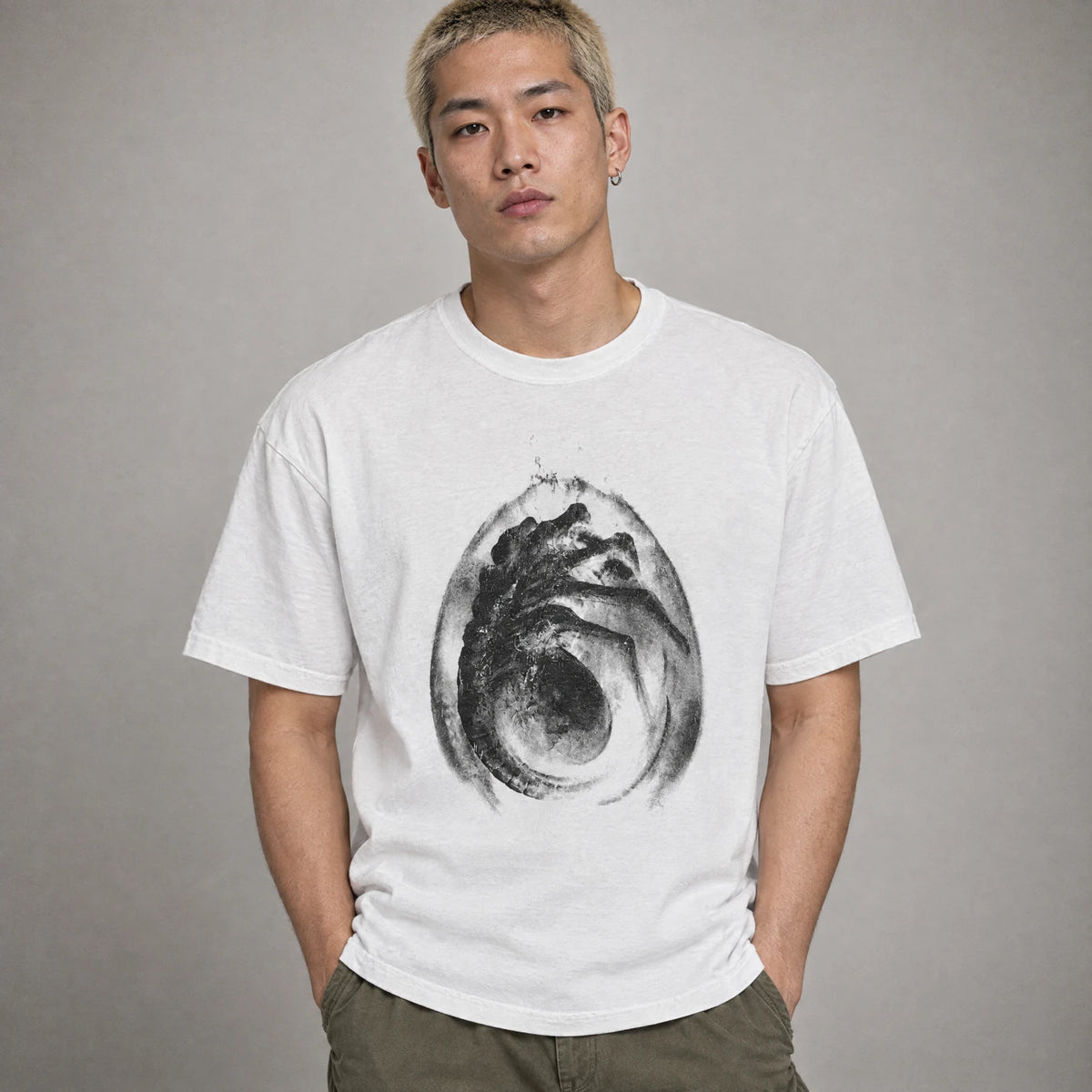 Parasite egg sci-fi space horror tee on a model, white