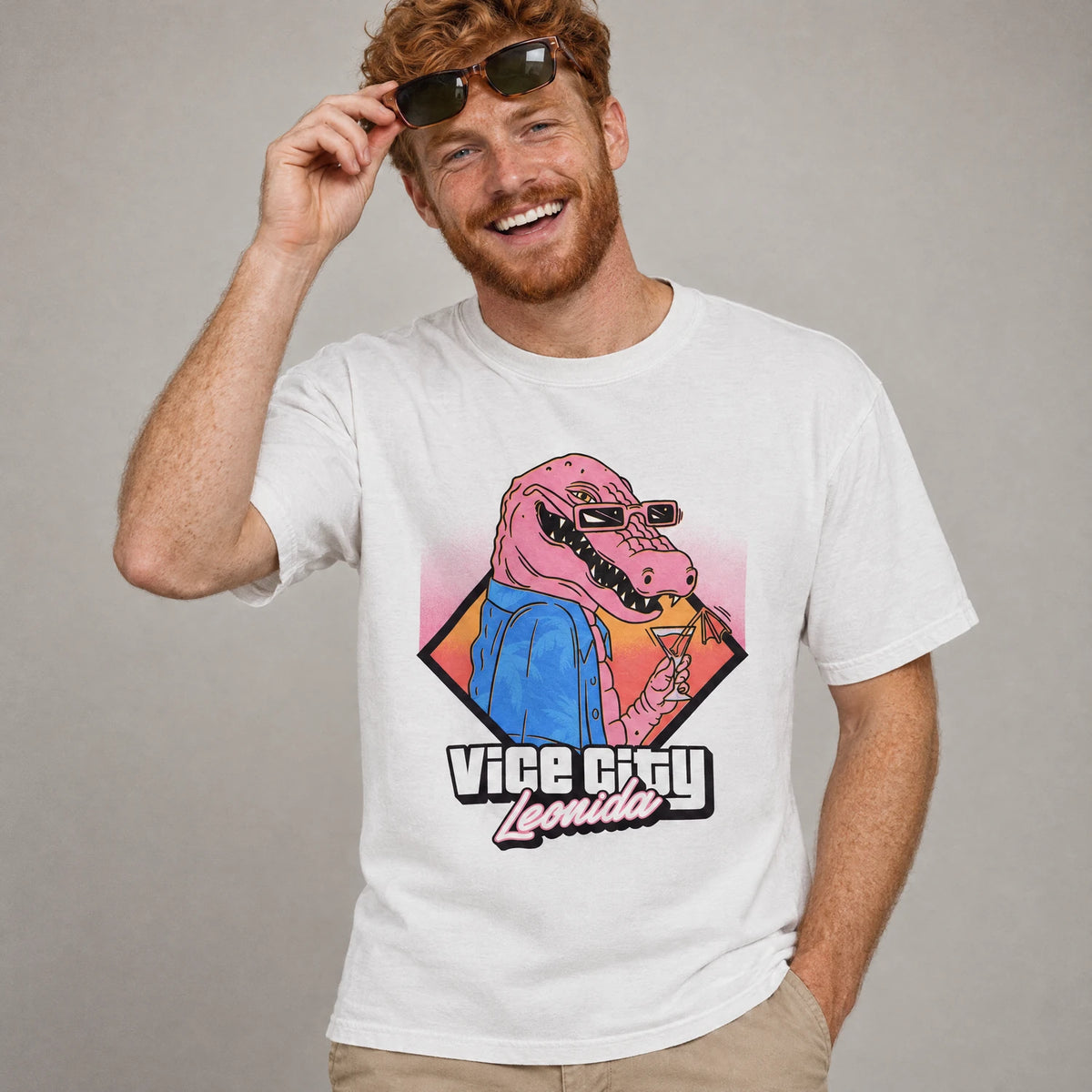 Party gator retro Florida cocktail tee on a model, white