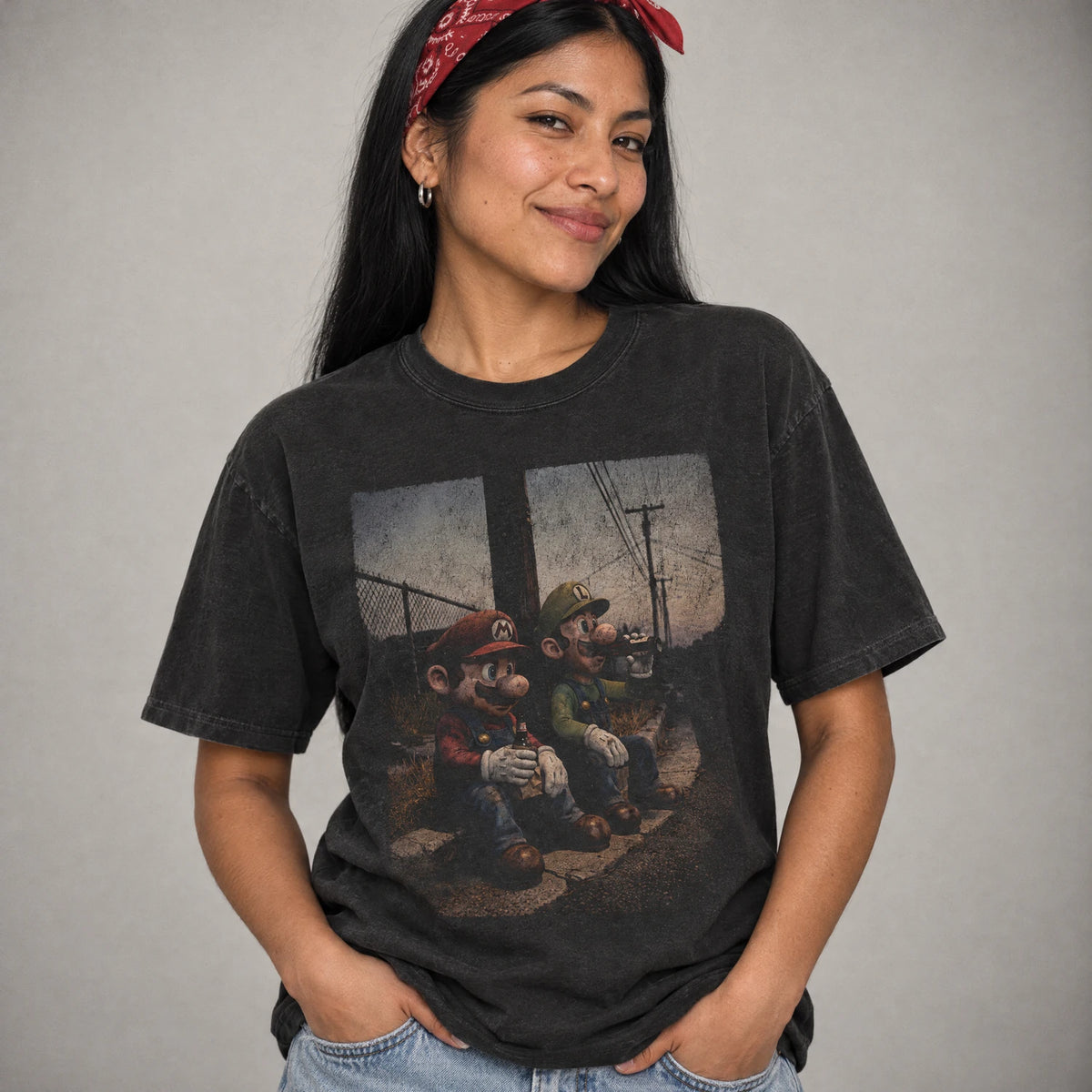 Plumber bros retro gamer dark humor tee on a model, black