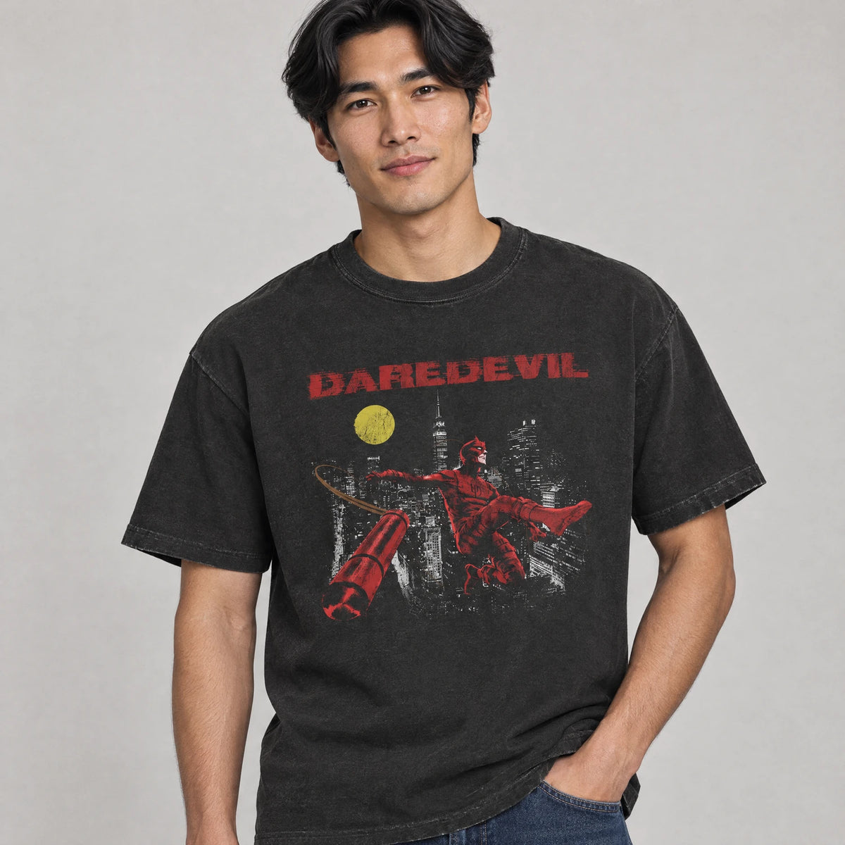 Model wearing Rooftop Vigilante Tee, red masked comic hero shirt in black Comfort Colors cotton