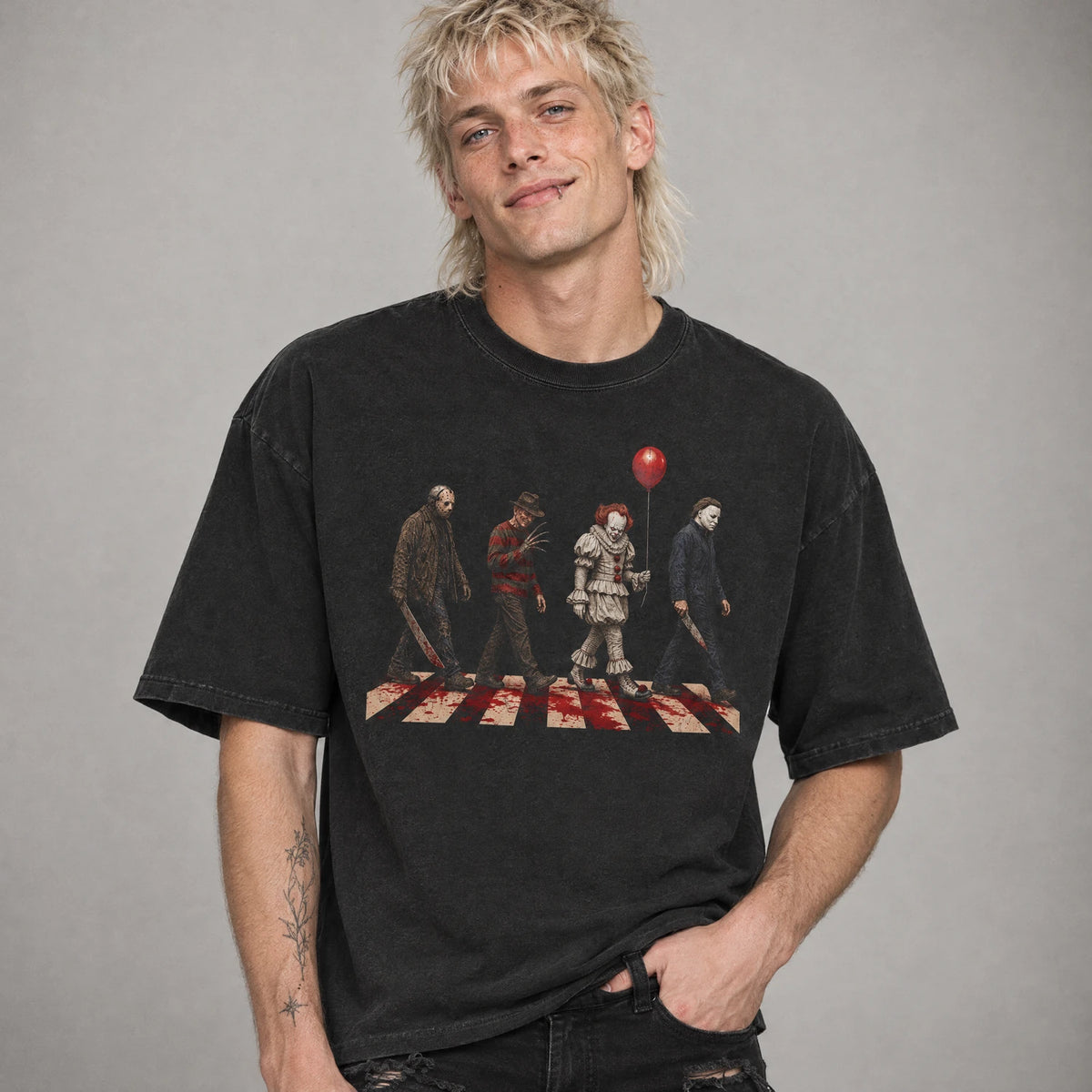 Slasher crossing horror icons Halloween tee on a model, black
