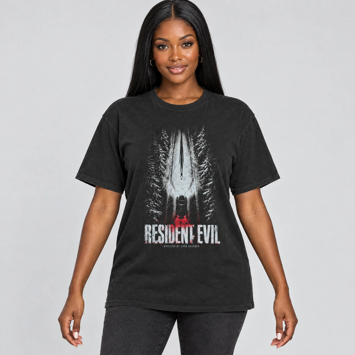 Snowbound survival horror winter road graphic tee on a model, black