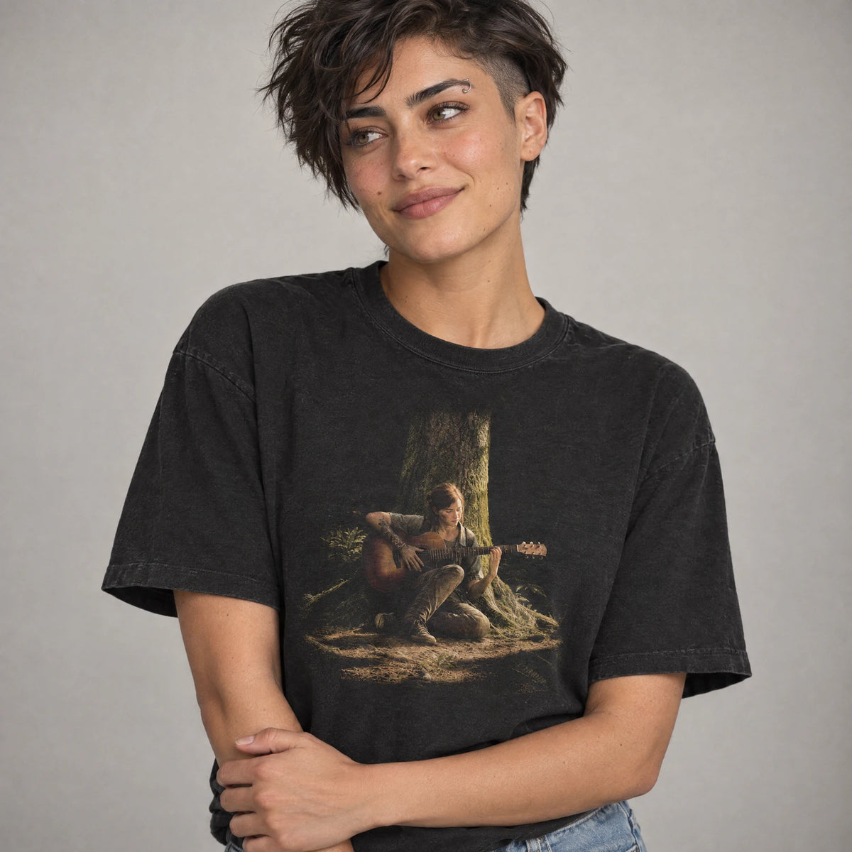 Survivor girl post-apocalyptic guitar tee on a model, black