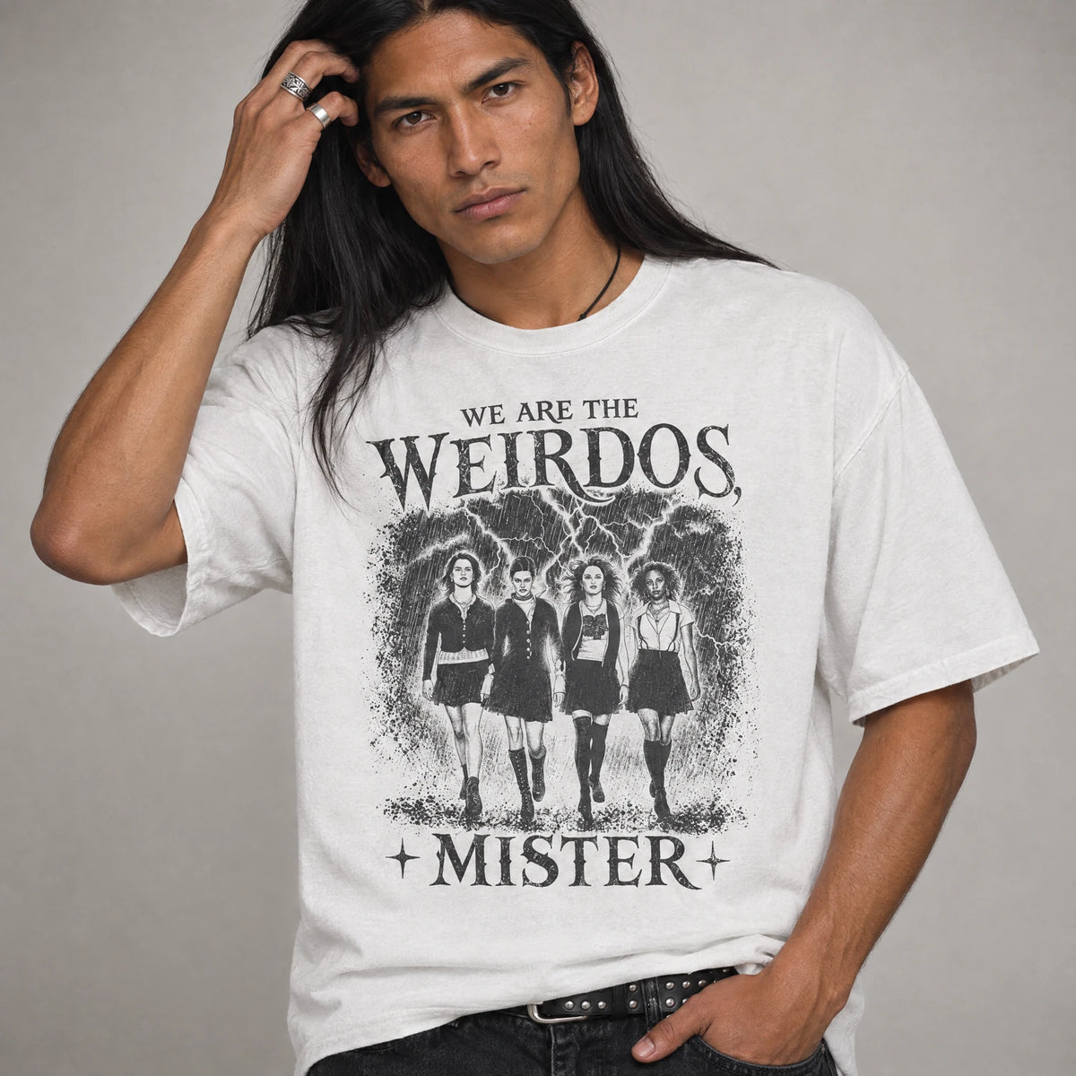 We Are the Weirdos The Craft 1996 tee on a model, white