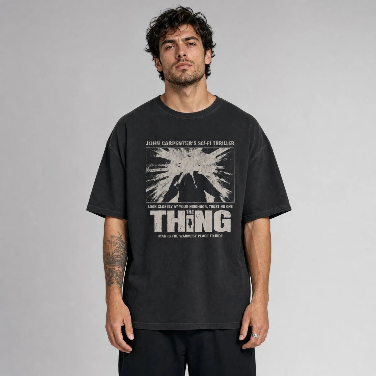 Model wearing Trust No One Tee – Sci-Fi Horror Shirt - Cruel Royalty