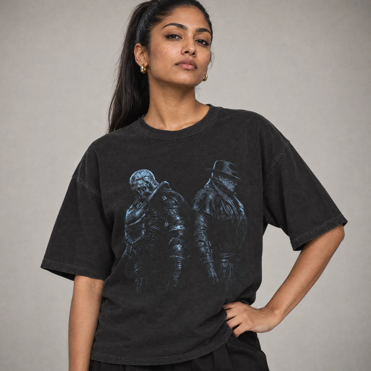 Twin stalkers survival horror monster tee on a model, black