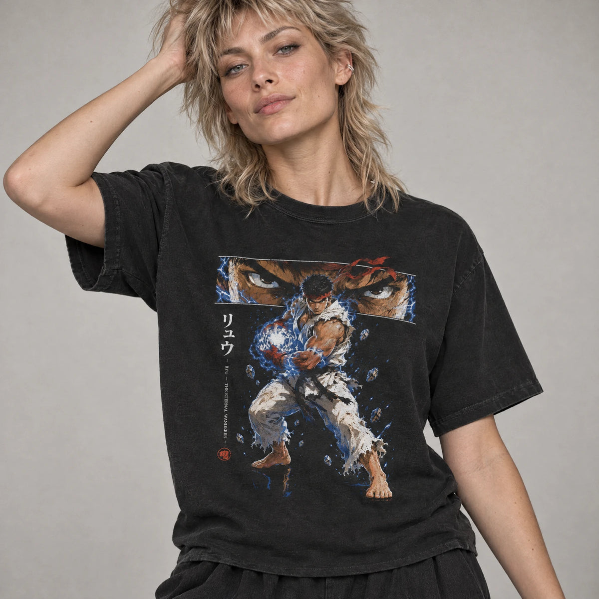 Model wearing Wandering Fighter Tee, retro arcade karate shirt in black Comfort Colors cotton