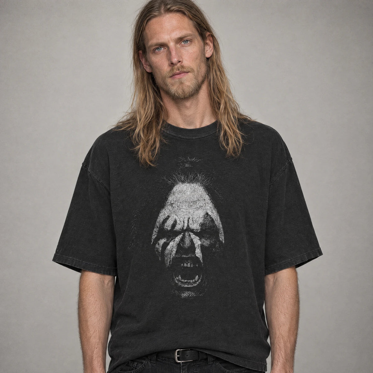 War cry dark fantasy orc tee on a model, black