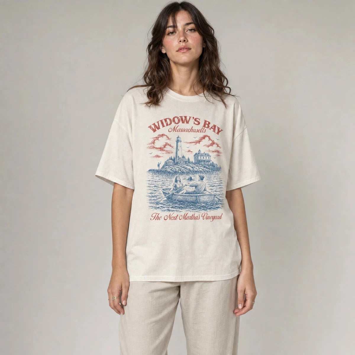 Model wearing Widow's Bay Tee – Creepy Vintage Postcard Shirt - Cruel Royalty