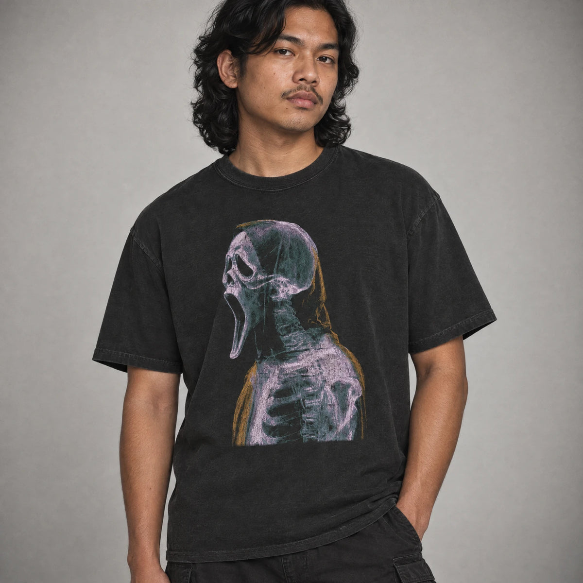 X-ray slasher hooded ghost mask horror tee on a model, black