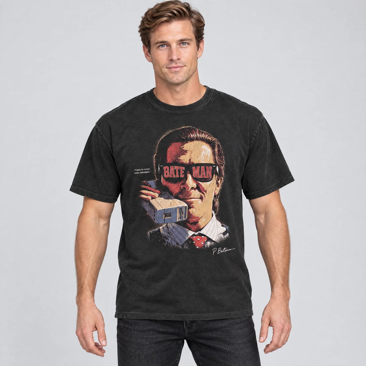 80s yuppie psycho satire graphic tee on a model, black
